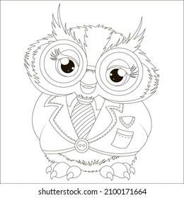 Page for coloring. Owl in suit on white background. Linear engraving design for adult or children's coloring book. Vector cartoon illustration.