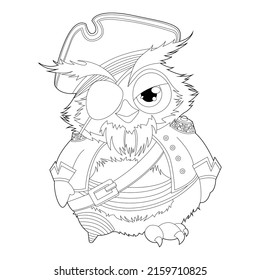 Page for coloring. Pirate owl on white background. Linear engraving design for adult or children's coloring book. Vector cartoon illustration.