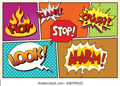Page comic book lettering cloud bubbles pop art retro vector illustration. Hot look alarm stop klank crash