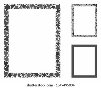 Page composition of uneven parts in different sizes and shades, based on page icon. Vector uneven items are united into composition. Page icons collage with dotted pattern.