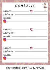Page for the contacts. Girly planner. Notebook. Notepage.