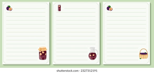 The page of the cookbook template with illustrations of plums, compote in a decanter, jam jars, fruit baskets. To record recipes for various dishes, pickles, canned food.