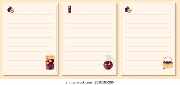 The page of the cookbook template with illustrations of plums, compote in a decanter, jam jars, fruit baskets. To record recipes for various dishes, pickles, canned food.