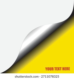 Efeito de curva de canto da página mostrando uma folha branca descascando para trás para revelar um fundo amarelo brilhante com espaço para cópia de texto, perfeito para design de anúncio ou modelo