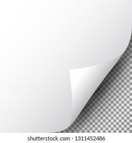 Page corner on transparent sheet of paper. Realistic curled corner of paper with shadow. Turn paper. Design for web, print, banner, advertising, presentation. Vector illustration.