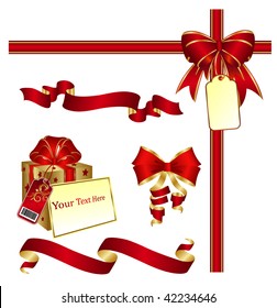 Page corner with red ribbon, bow and label. Place for copy/text.