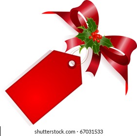 Page corner with red ribbon, bow and label. Place for copy/text.