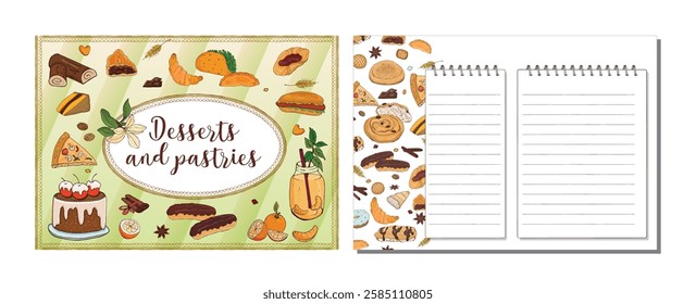 Page and cover for cookbook recipe record book with drawings of baked goods and desserts. Vector illustration