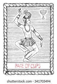 Page of cups. The minor arcana tarot card, vintage hand drawn engraved illustration with mystic symbols. Handsome man, asian dancer or actor