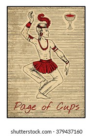 Page of cups in red. The minor arcana tarot card, vintage hand drawn engraved illustration with mystic symbols. Handsome man, asian dancer or actor