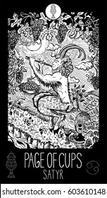 Page of cups. Satyr. Minor Arcana Tarot card. Fantasy line art illustration. Engraved vector drawing. See all collection in my portfolio set.