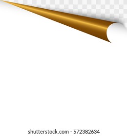 Page curl blank. Gold paper corner. Sheet of paper with page curl. Element for advertising and promotional. Corner sticker. Vector, eps10