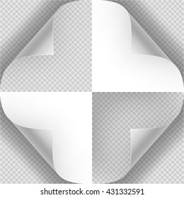 Page curl Set with shadow on transparent background. White paper sticker. Element for advertising and promotional message. EPS 10 vector file included