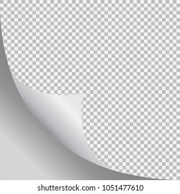 Page curl with shadow on blank sheet of paper. Vector element for advertising and promotional message. Isolated vector illustration on transparent background. For your design and business.