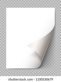 Page curl with shadow on blank sheet of paper. White paper sticker. Element for advertising and promotional message isolated on transparent background. template design element, Vector illustration