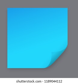 Page curl with shadow on blank sheet of paper. Blue paper sticker. Element for advertising and promotional message isolated on gray background. Vector illustration for your design and business