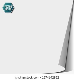 Page curl with shadow on a blank sheet of paper, design element for advertising and promotional message isolated on white background. EPS 10 vector illustration.