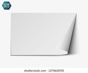 Page curl with shadow on a blank sheet of paper, design element for advertising and promotional message isolated on white background. EPS 10 vector illustration.