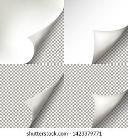 Page curl with shadow on blank sheet of paper. For advertising and promotional isolated on transparent background. Vector illustration