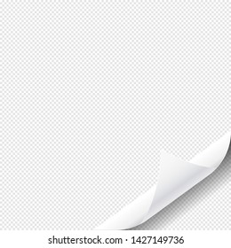 Page curl with shadow on blank sheet of paper. White paper sticker. Element for advertising and promotional message isolated on transparent background. Vector illustration for your design and business