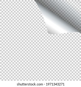 Page curl with shadow on blank sheet of paper. Element for advertising and promotional message isolated on transparent background. White paper sticker. Vector illustration for your design and business