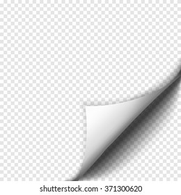 Page curl with shadow on blank sheet of paper. White paper sticker. Element for advertising and promotional message isolated on transparent background. Vector illustration for your design and business