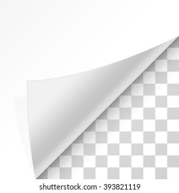 Page curl with shadow on blank sheet of paper. White paper sticker. Element for advertising and promotional message isolated on transparent background. Vector illustration for your design and business