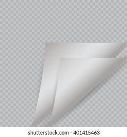 Page curl with shadow on blank sheet of paper. White sticker. Element for advertising and promotional message isolated on transparent background. Vector illustration for your design and business