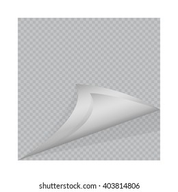 Page curl with shadow on blank sheet of paper. White sticker. Element for advertising and promotional message isolated on transparent background. Vector illustration for your design and business