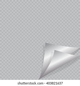 Page curl with shadow on blank sheet of paper. White sticker. Element for advertising and promotional message isolated on transparent background. Vector illustration for your design and business