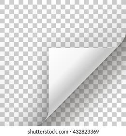 Page curl with shadow on blank sheet of paper. White paper sticker. Element for advertising and promotional message isolated on transparent background. template design element, Vector illustration