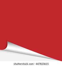 Page curl with shadow on blank sheet of paper. Red paper sticker. Element for advertising and promotional message isolated on white background. Vector illustration for your design and business.
