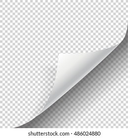 Page curl with shadow on blank sheet of paper isolated on checkered background. Vector template, realistic illustration