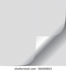 Page curl with shadow on blank sheet of paper. Transparent grid.