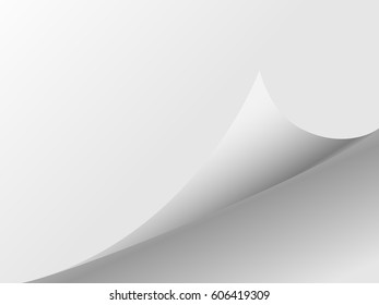 Page curl with shadow on a blank sheet of paper, design element for advertising and promotional message isolated on white background. EPS 10 vector illustration.