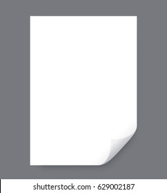 Page curl with shadow on blank sheet of paper. White paper sticker. 