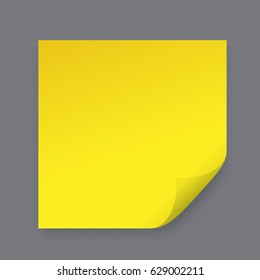 Page curl with shadow on blank sheet of paper. Yellow paper sticker. Element for advertising and promotional message isolated on gray background. Vector illustration for your design and business