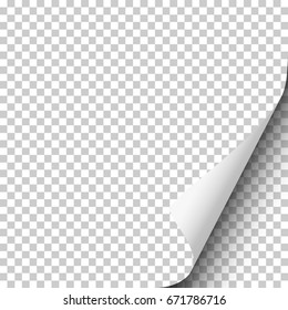 Page curl with shadow on blank transparent sheet of paper. Element for ad. Vector illustration. Template paper design.