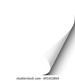 Page curl with shadow on a blank white sheet of paper. Element for copy or advertisement. Vector illustration.