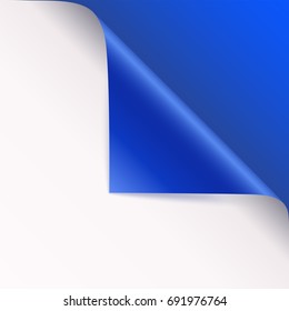 Page curl with shadow on blank sheet of paper. Vector curled corner of white paper with shadow. Close-up isolated on blue background. Paper sticker, 3D illustration