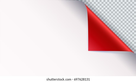 Page curl with shadow on blank sheet of paper. Vector curled corner of white paper with shadow. Close-up isolated on transparent background. Paper sticker, 3D illustration