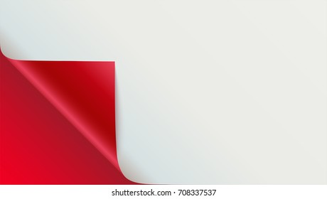 Page curl with shadow on blank sheet of paper. Vector curled corner of white paper with shadow. Close-up isolated on red background. Paper sticker, 3D illustration