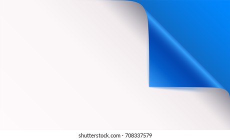 Page curl with shadow on blank sheet of paper. Vector curled corner of white paper with shadow. Close-up isolated on blue background. Paper sticker, 3D illustration