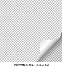 Page curl with shadow on blank sheet of paper. Vector element for advertising and promotional message. Isolated vector illustration on transparent background. For your design and business.
