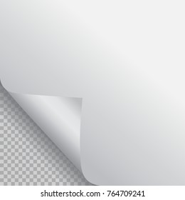 Page curl with shadow on blank sheet of paper. Vector element for advertising and promotional message. Isolated vector illustration on transparent background. For your design and business.