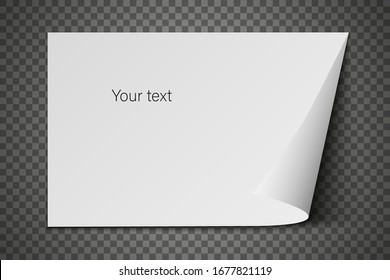 Page curl with shadow on a transparent background sheet of paper, design element for advertising and advertising messages, isolated white background. EPS 10 vector illustration.
