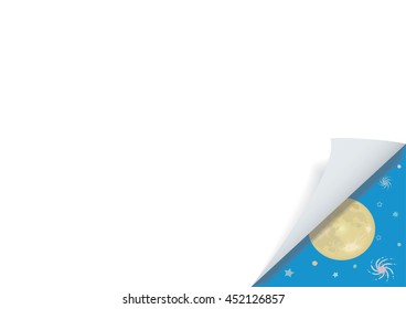 Page curl with shadow. Open book for new page. Full moon with stars on blue sky. Corner design in colors.