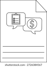 A page with a curled corner features a checklistdollar sign dialogue box and ruled lines for writing