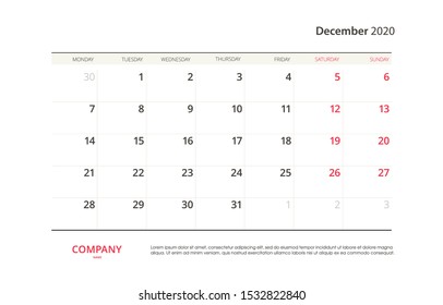 Page December 2020 calendar planner stationary design template. Monthly planner. Corporate and business template design. Week starts on Sunday. Vector illustration. Isolated background.