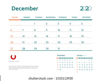 Page December 2020 wall calendar planner stationary design template. Color event monthly planner. Corporate and business template design. Week starts on Sunday. Vector illustration. Isolated.